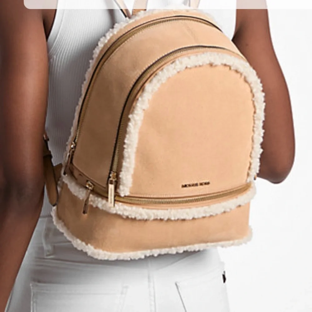 MICHAEL KORS Rhea Medium Suede and Faux Shearling Backpack Peanut NWT